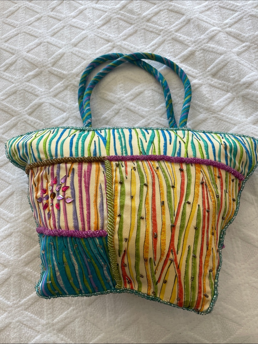 Colorful Striped Patchwork Tote - Multicolor Summer Handbag - Picture 2 of 9